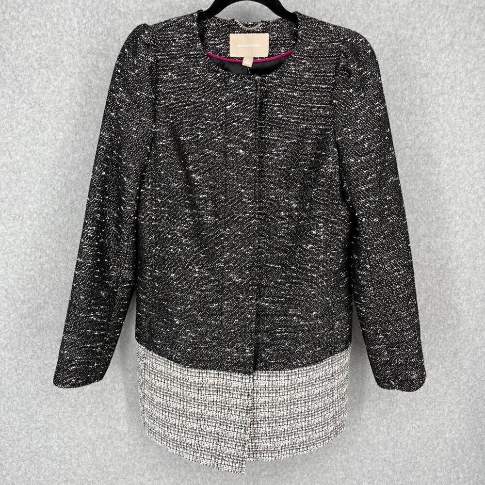 Banana Republic Womens Colorblock Tweed Coat Jacket Size S Black White Longline